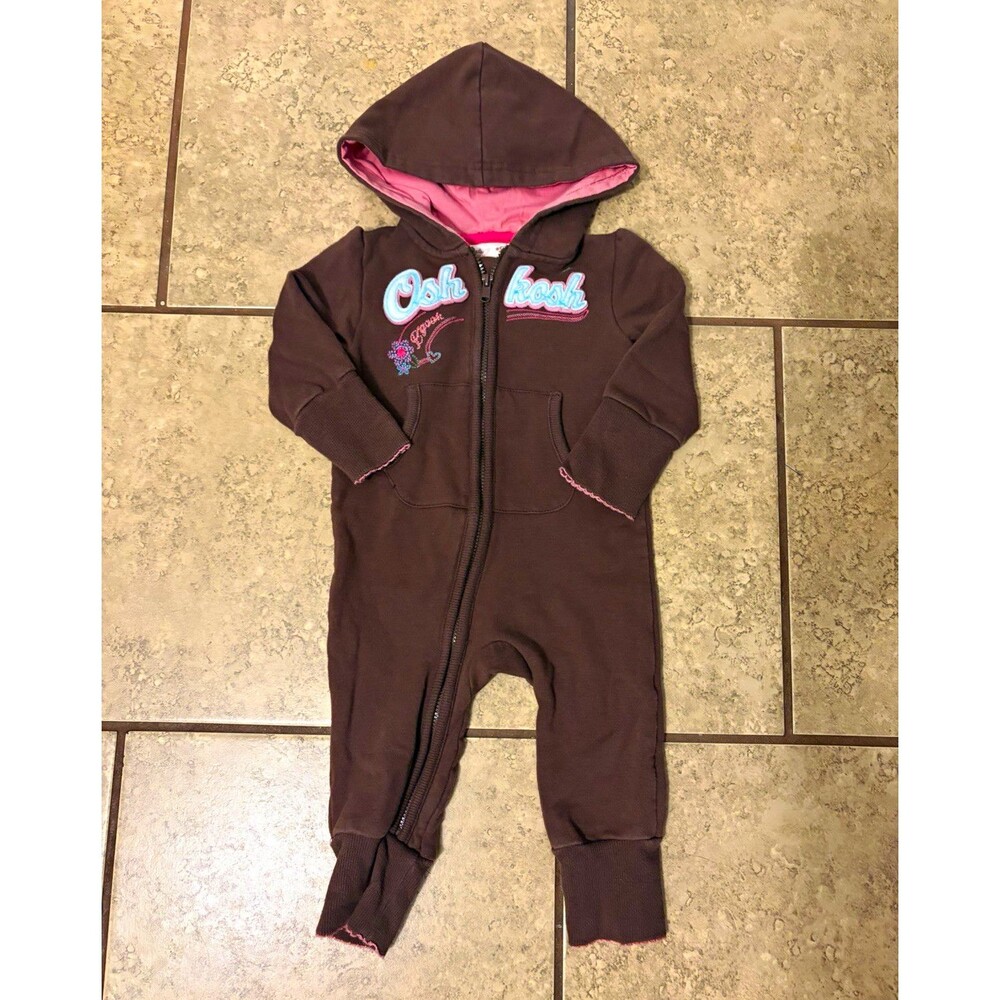 OshKosh Girls Hooded Zip Fleece Coverall Brown/Pink Logo Embroidered 6M Y2K